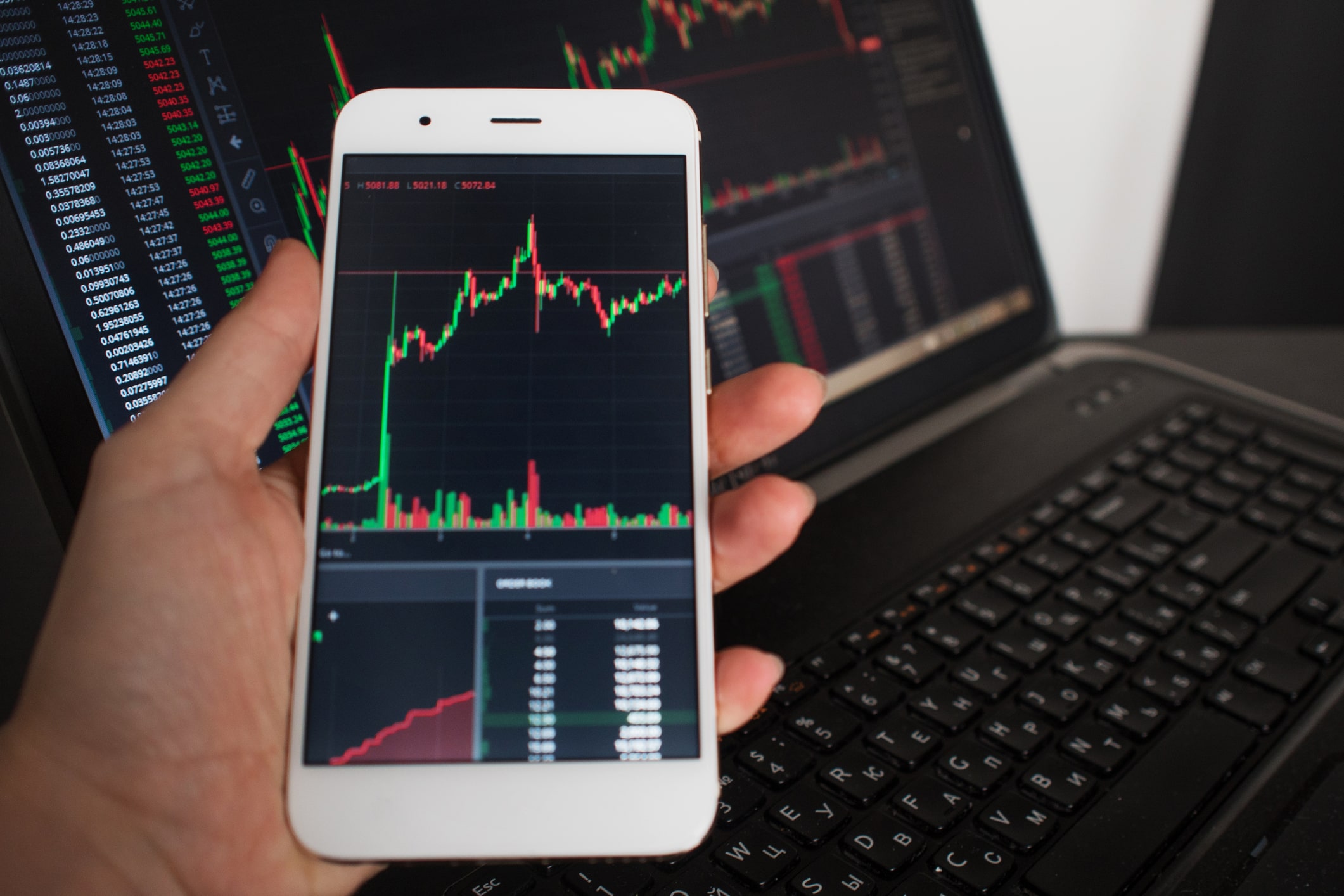 Hand holding phone with accounting software chart
